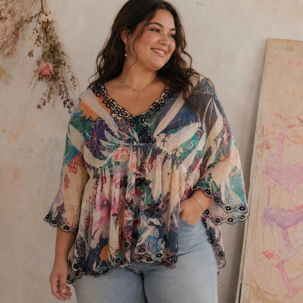 Boho Floral Tunic Blouse Bell Sleeve Embroidered Artsy Y2K Inspired Romantic